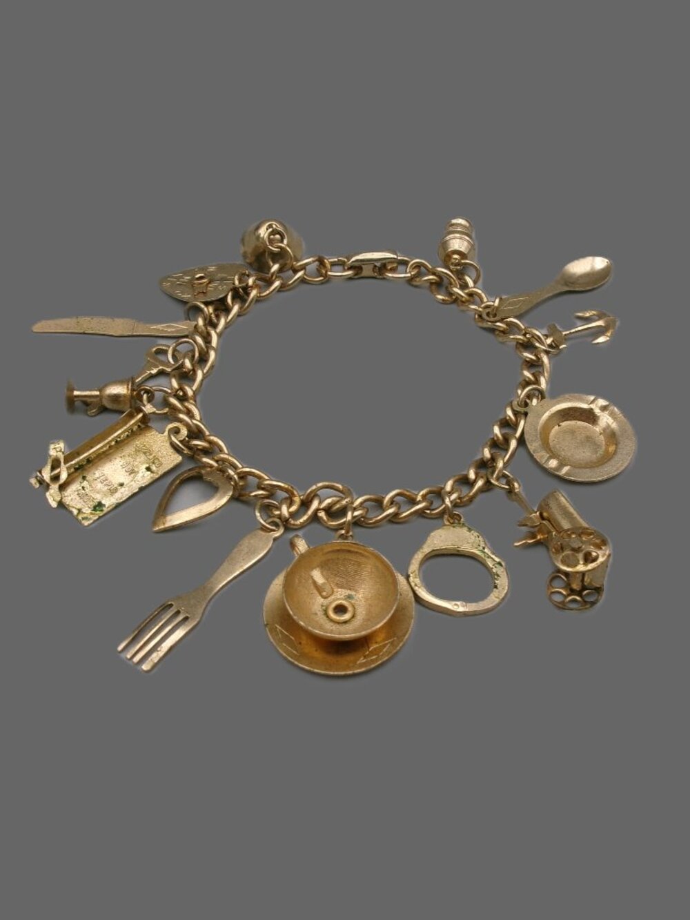 Vintage Coro Gold Charm Bracelet, Cup w/ Saucer, Fork & Spoon, Wagon, etc.